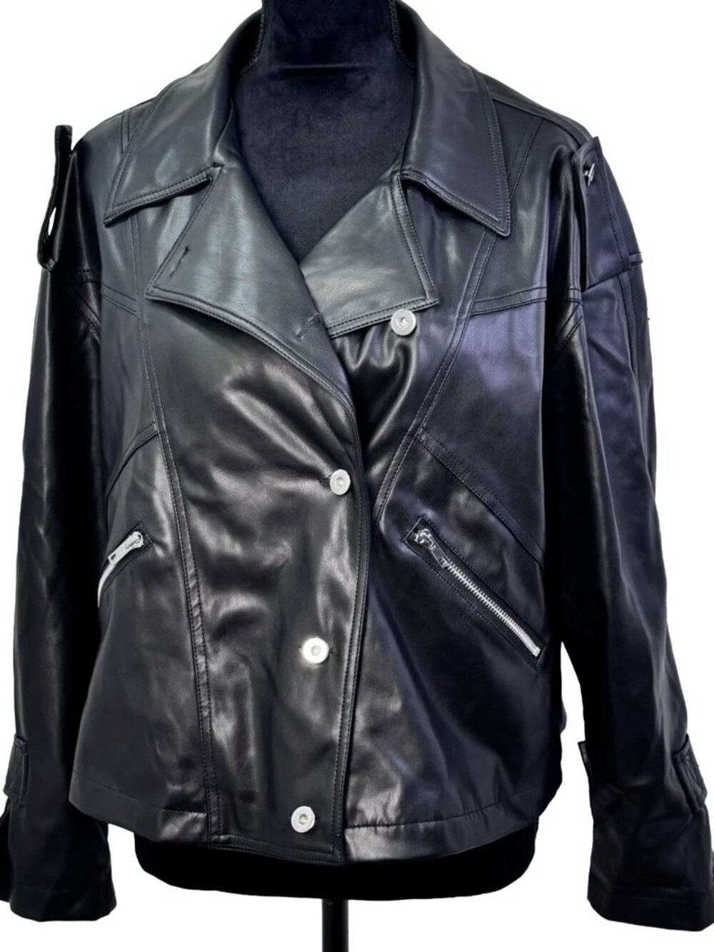 Miss Love Black Vegan Leather Moto Jacket Size S Oversize Relaxed Fit Zip Pocket